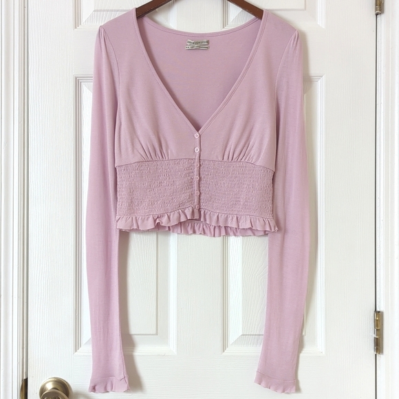 Urban Outfitters Bayside Long Sleeve V-Neck Smocked Button Front Blouse Lilac M - Picture 1 of 11